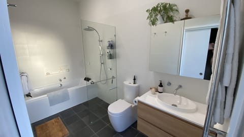 Combined shower/tub, hair dryer, towels, soap