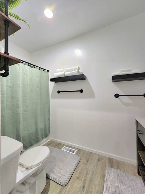 Combined shower/tub, hair dryer, towels, soap