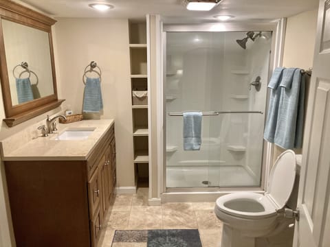 Combined shower/tub, hair dryer, towels, soap