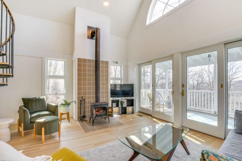 TV, fireplace, books