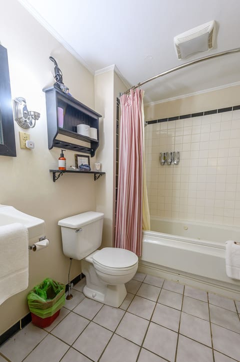 Combined shower/tub, hair dryer, towels