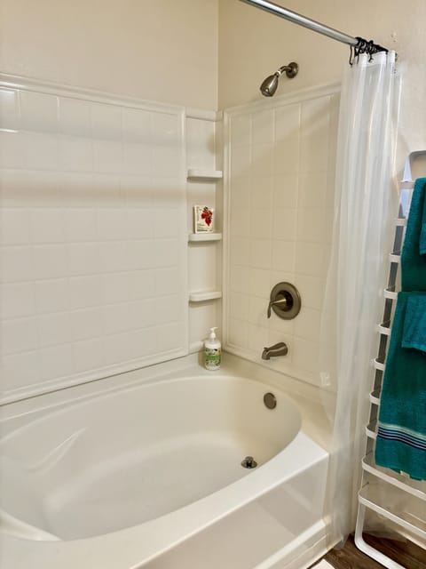 Combined shower/tub, hair dryer, towels, soap