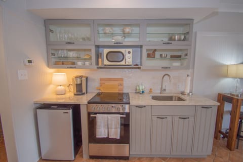 Fridge, microwave, oven, coffee/tea maker