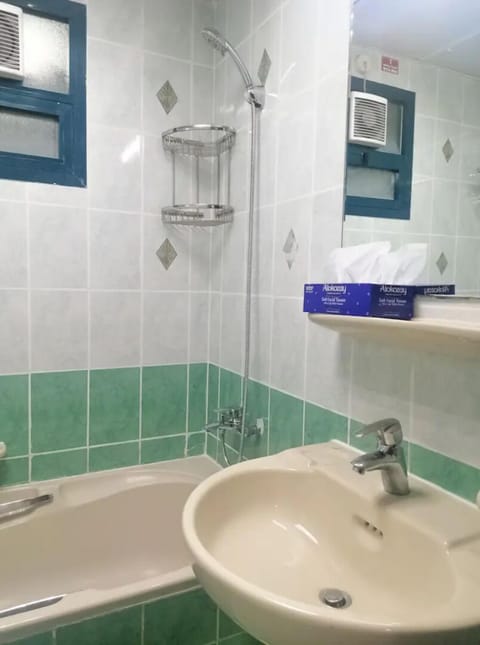 Combined shower/tub, hair dryer, toilet paper