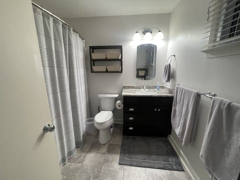 Combined shower/tub, hair dryer, towels, soap