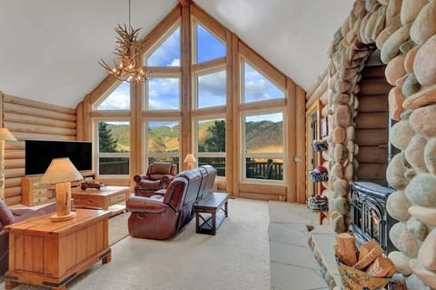 Expansive living room with gas stove and views for miles