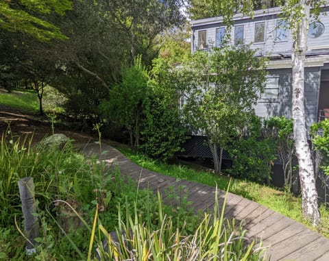 View from the street. Follow the wooden path.