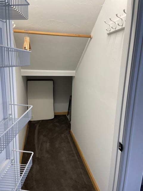 An additional closet includes tons of storage space and stashes a twin mattress.