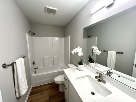 Combined shower/tub, towels, toilet paper