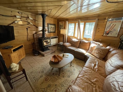 Living area with t.v. and wood burning stove