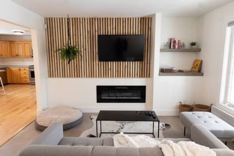 TV, fireplace, music library