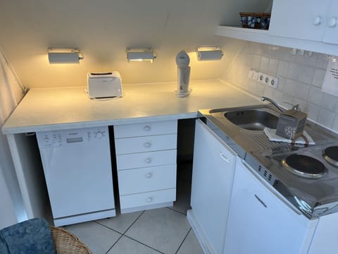 Fridge, microwave, dishwasher, cookware/dishes/utensils