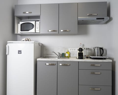 Fridge, microwave, toaster, cookware/dishes/utensils