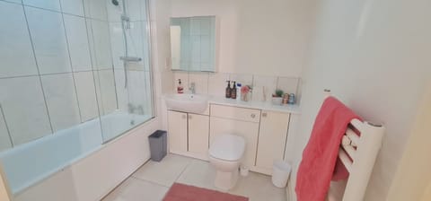 Combined shower/tub, hair dryer, towels, soap