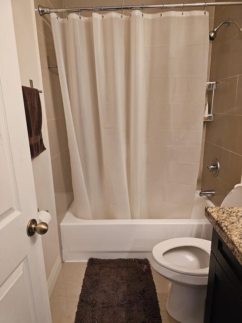 Combined shower/tub, hair dryer, towels, soap