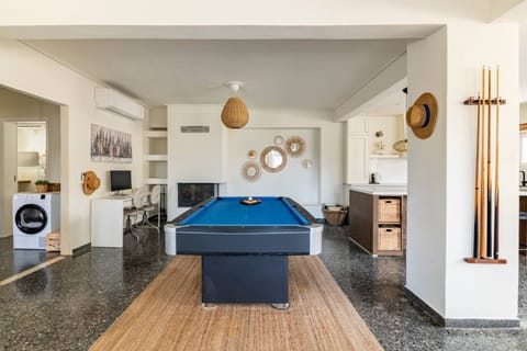 Pool table, fireplace, working desk