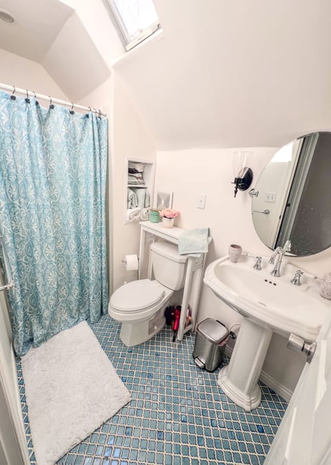 Combined shower/tub, hair dryer, towels, soap