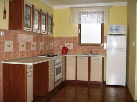 Fridge, microwave, oven, cookware/dishes/utensils