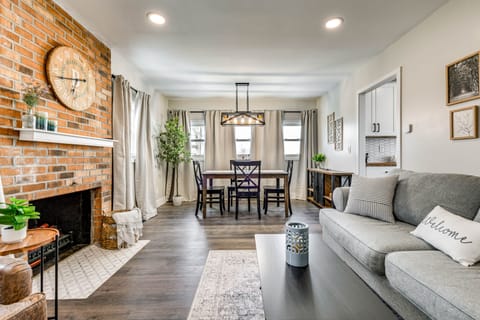 TV, fireplace, books