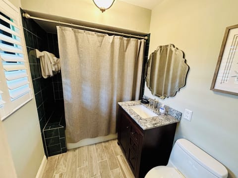 Combined shower/tub, hair dryer, towels, toilet paper