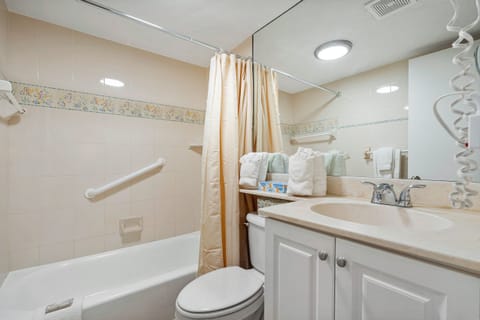 Jetted tub, hair dryer, towels, soap