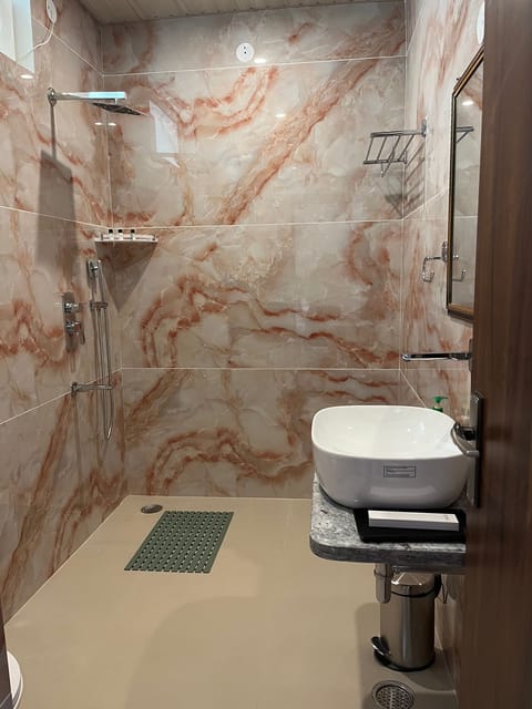 Combined shower/tub, hair dryer, bidet, towels