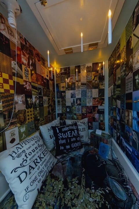 We have 2 boys under 5, and both our boys LOVE Harry Potter. This room features posters of various moments throughout the movies and is a place we love to see families share together. Kids love to read a book, relax, and dream.