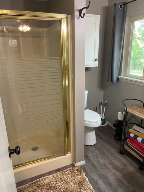 Combined shower/tub, hair dryer, towels, soap