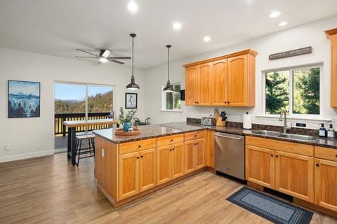 The kitchen is stocked with every utensil and tool you need to cook family meals