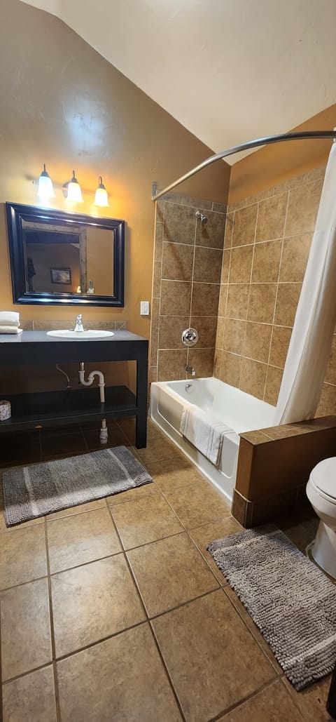 Combined shower/tub, hair dryer, towels, soap