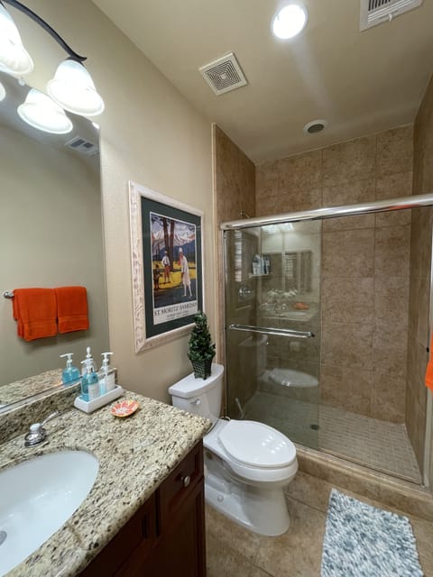 Combined shower/tub, jetted tub, hair dryer, towels