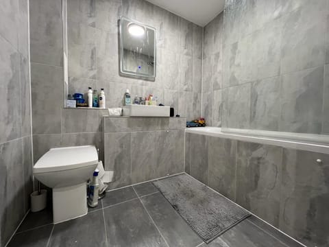 Combined shower/tub, hair dryer, towels, soap