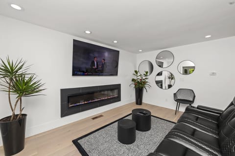 Living area | Smart TV, fireplace, books