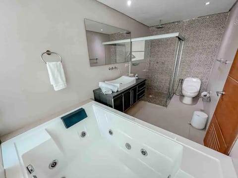 Combined shower/tub, bidet, towels, toilet paper