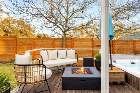 We have plenty of entertainment areas in the yard, including a fire pit with comfortable seating.