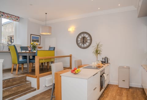 The kitchen and dining areas