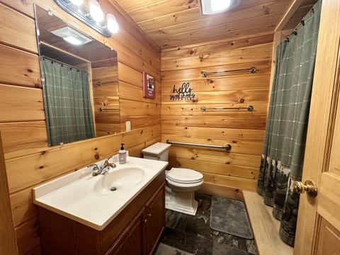 Combined shower/tub, hair dryer, towels, toilet paper