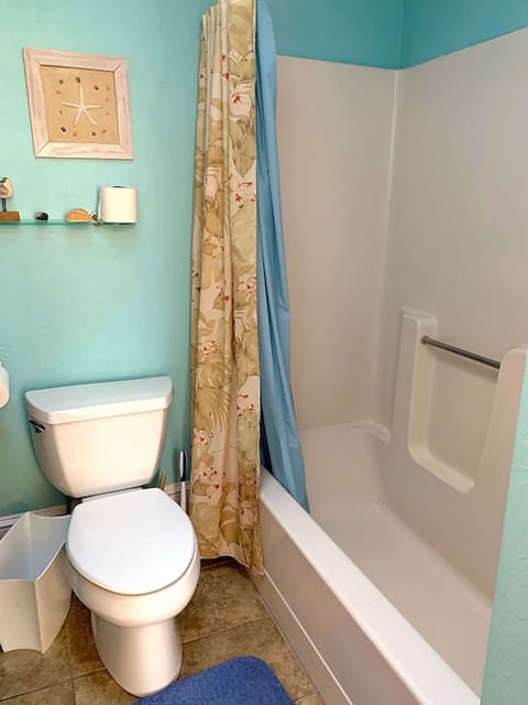 Combined shower/tub, hair dryer, towels, soap