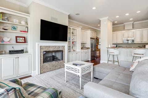 TV, fireplace, books, stereo