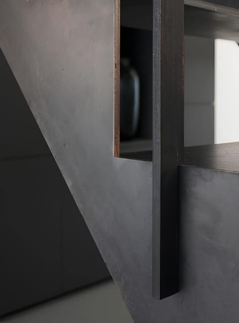 Photorealistic image of the living room, staircase detail