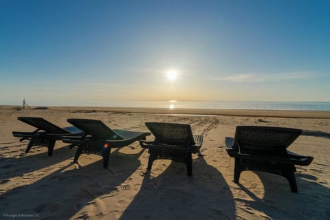 On the beach, sun loungers