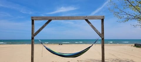 On the beach, sun loungers