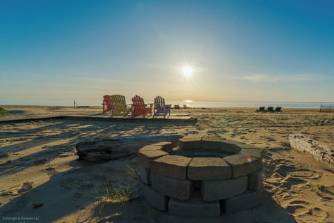 On the beach, sun loungers