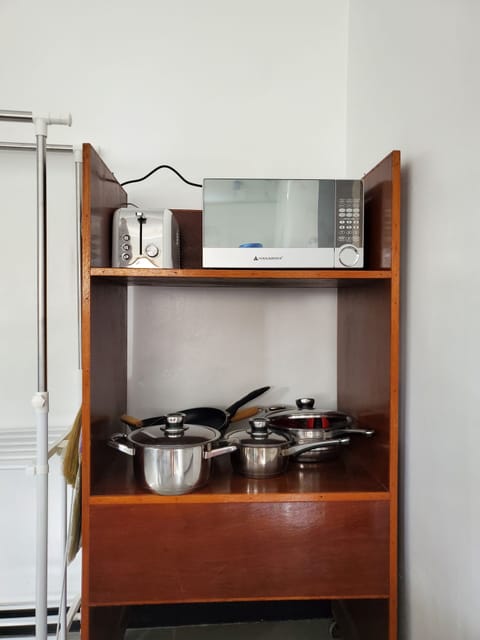 Fridge, microwave, stovetop, electric kettle