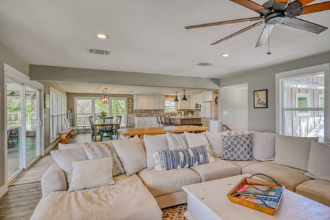 Open to dining room and kitchen