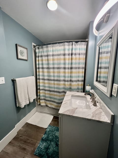 Combined shower/tub, hair dryer, towels, soap