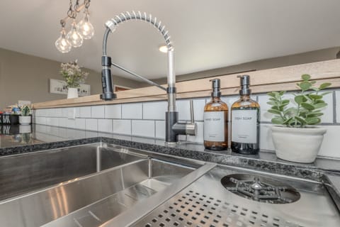 Updated sink area with dish soap, handsoap,cleaning supplies and dishwasher pods