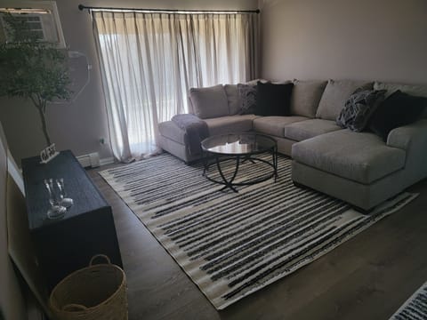 living room with 65" TV and surround sound entertainment