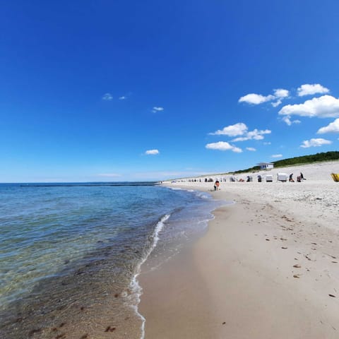 On the beach, sun loungers