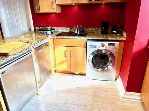 Kitchen view with European washer/dryer, dishwasher, and Sub Zero refrigerator